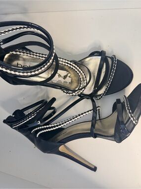 bebe Black Strappy Stiletto Sandals with Braided Trim